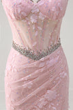 Sirena rosa Spaghetti Straps paillettes corsetto floreale Abito da Cerimonia con perline
