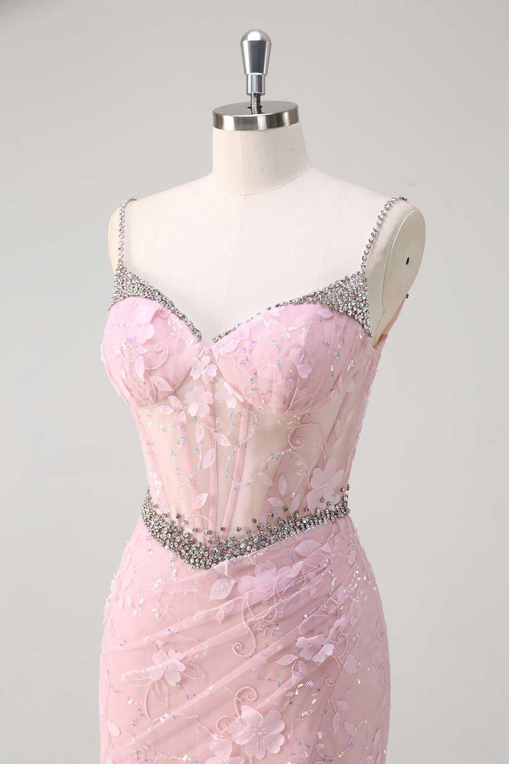 Sirena rosa Spaghetti Straps paillettes corsetto floreale Abito da Cerimonia con perline