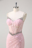Sirena rosa Spaghetti Straps paillettes corsetto floreale Abito da Cerimonia con perline