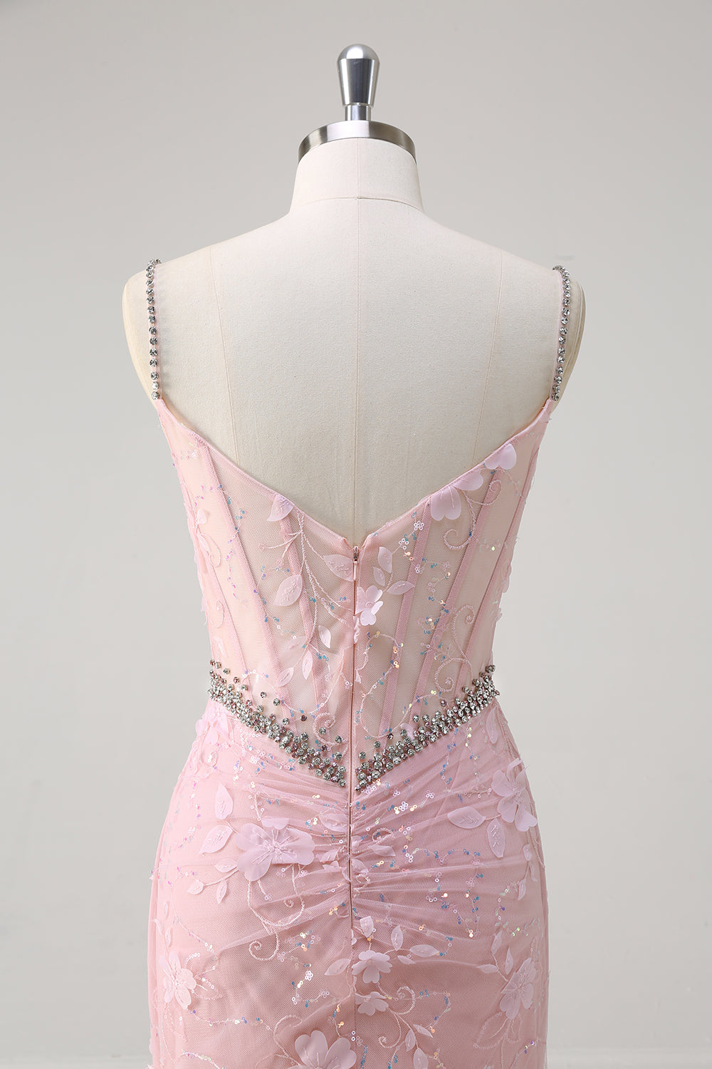 Sirena rosa Spaghetti Straps paillettes corsetto floreale Abito da Cerimonia con perline