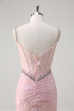 Sirena rosa Spaghetti Straps paillettes corsetto floreale Abito da Cerimonia con perline