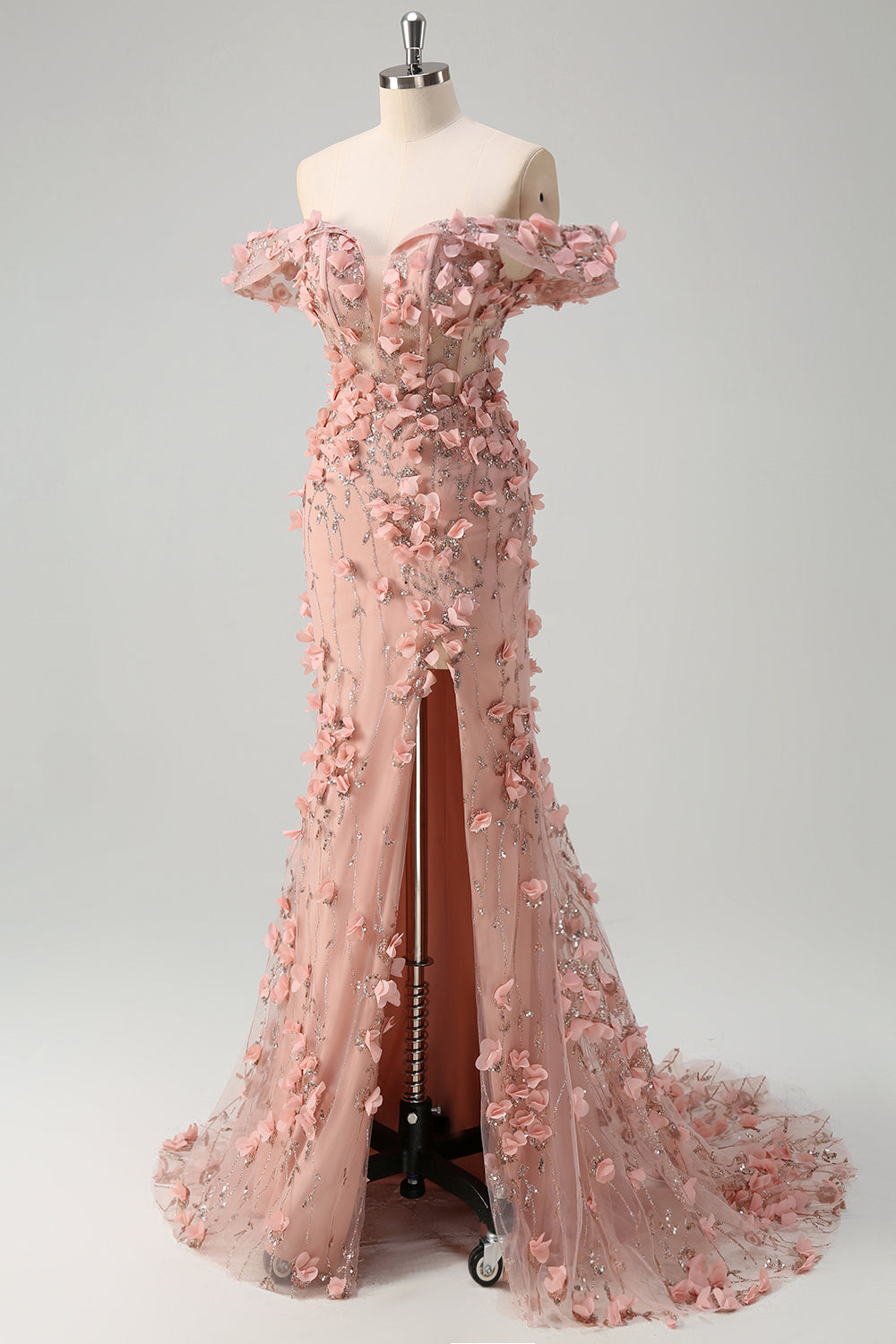 Blush sirena fuori dalla spalla fessura lungo abito da ballo con fiori 3D