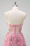 Taro viola A-Line senza spalline 3D fiore corsetto lungo Abito da cerimonia con fessura