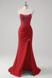 Beaded senza spalline sirena corsetto lungo rosso Abito da cerimonia con fessura