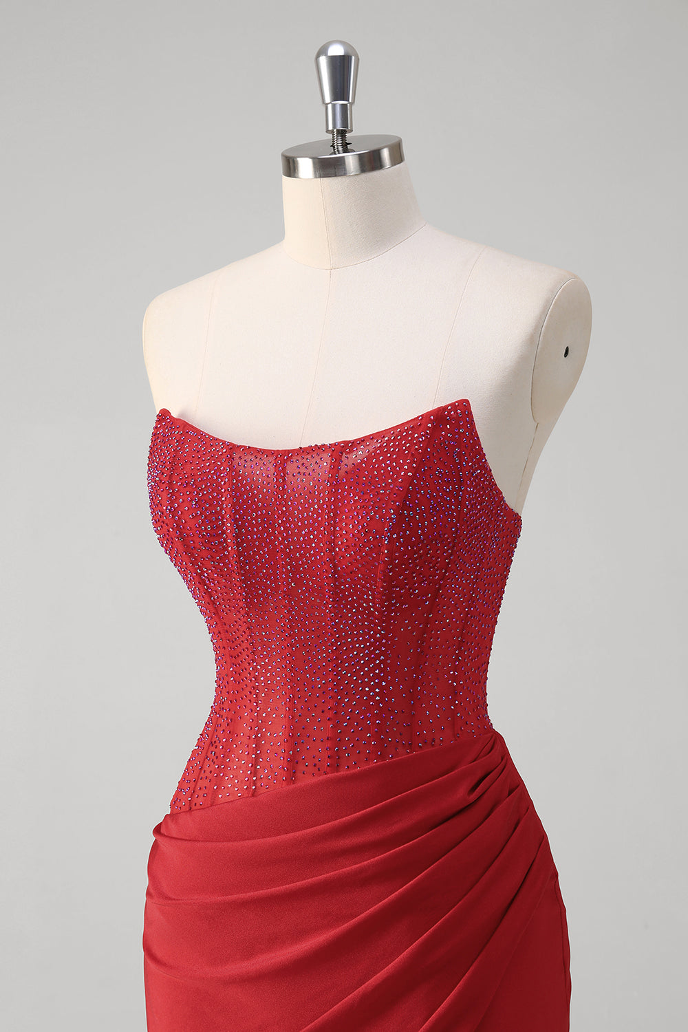 Rosso sirena corsetto senza spalline lungo abito da cerimonia con fessura