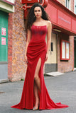 Beaded senza spalline sirena corsetto lungo rosso Abito da cerimonia con fessura