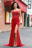 Beaded senza spalline sirena corsetto lungo rosso Abito da cerimonia con fessura