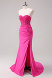 Corsetto fucsia sirena senza spalline increspato corsetto lungo abito da ballo con fessura