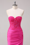 Corsetto fucsia sirena senza spalline increspato corsetto lungo abito da ballo con fessura