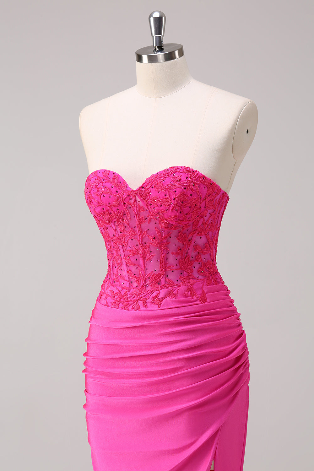 Corsetto fucsia sirena senza spalline increspato corsetto lungo abito da ballo con fessura