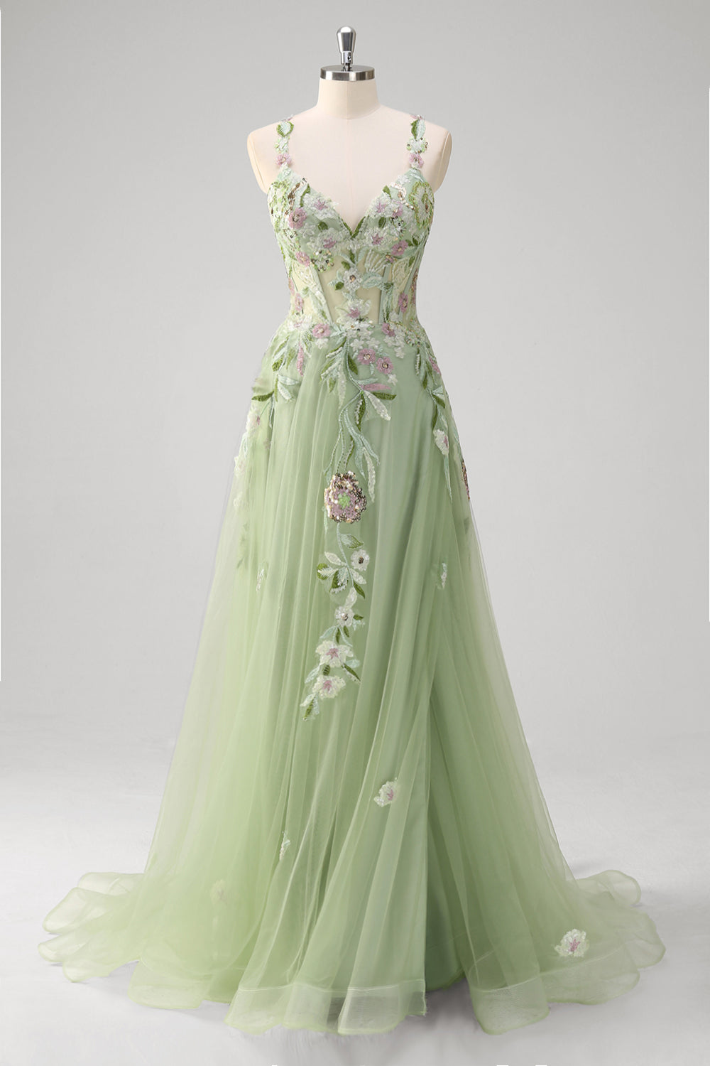 Verde paillettes una linea di tulle applique corsetto lungo abito da cerimonia con fessura