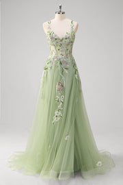 Verde paillettes una linea di tulle applique corsetto lungo abito da cerimonia con fessura