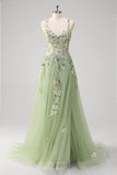 Verde paillettes una linea di tulle applique corsetto lungo abito da cerimonia con fessura