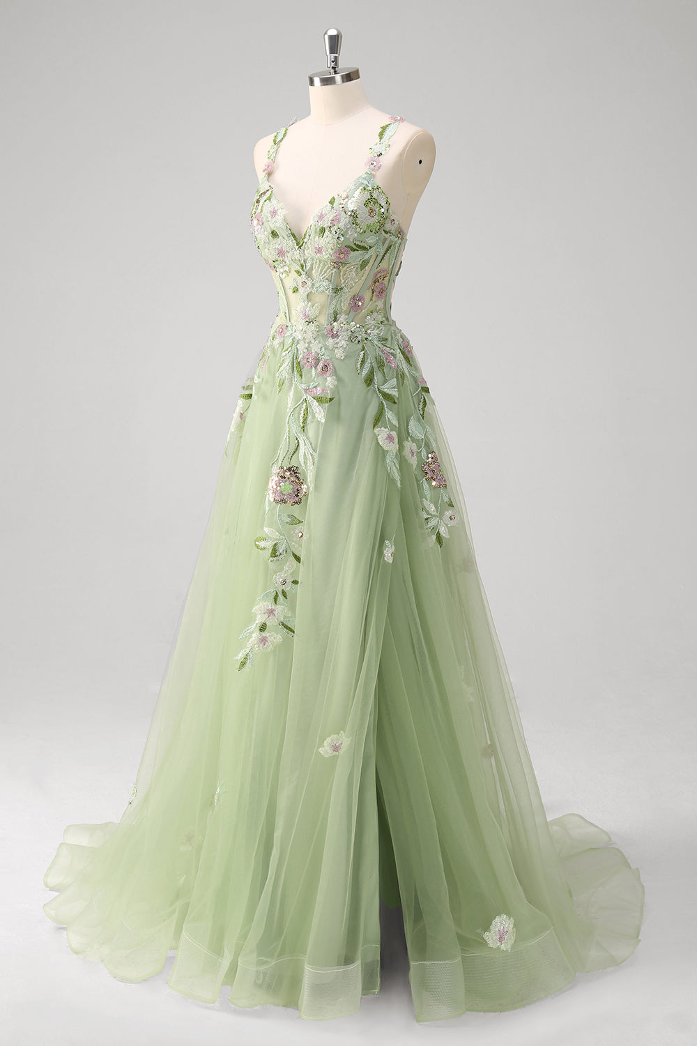 Verde paillettes una linea di tulle applique corsetto lungo abito da cerimonia con fessura