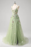 Verde paillettes una linea di tulle applique corsetto lungo abito da cerimonia con fessura