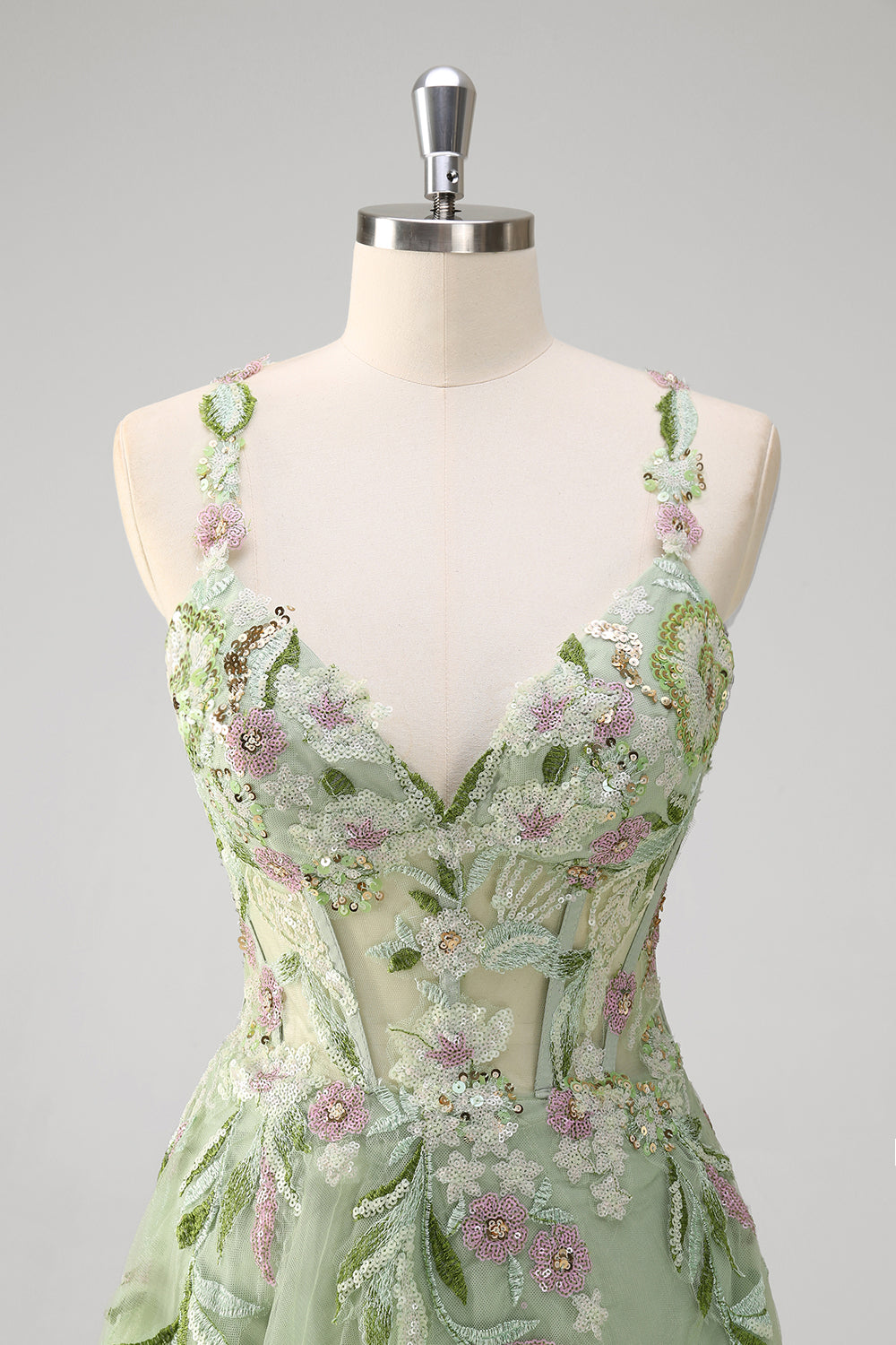 Verde paillettes una linea di tulle applique corsetto lungo abito da cerimonia con fessura