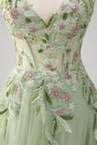 Verde paillettes una linea di tulle applique corsetto lungo abito da cerimonia con fessura