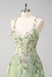 Verde paillettes una linea di tulle applique corsetto lungo abito da cerimonia con fessura