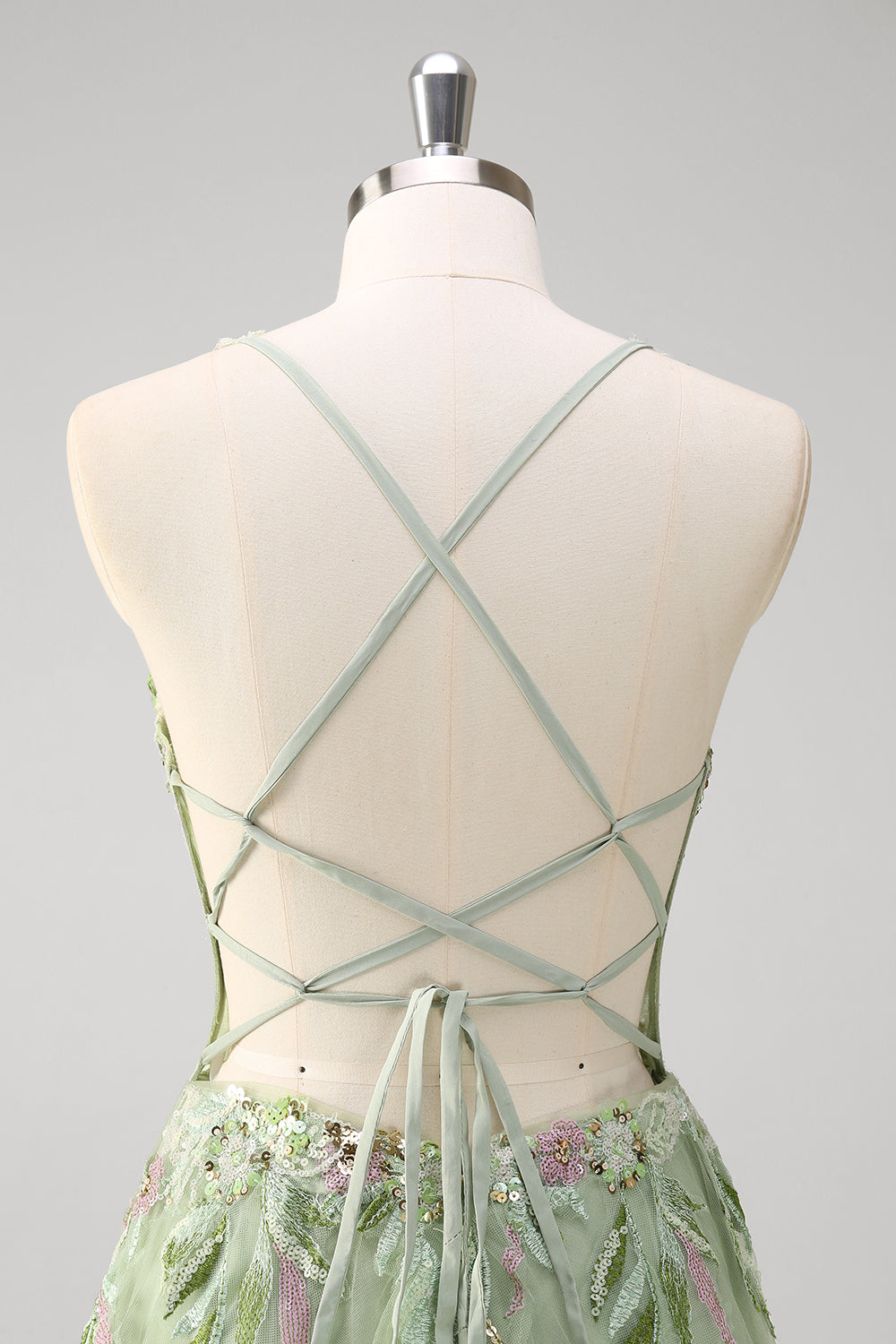 Verde paillettes una linea di tulle applique corsetto lungo abito da cerimonia con fessura
