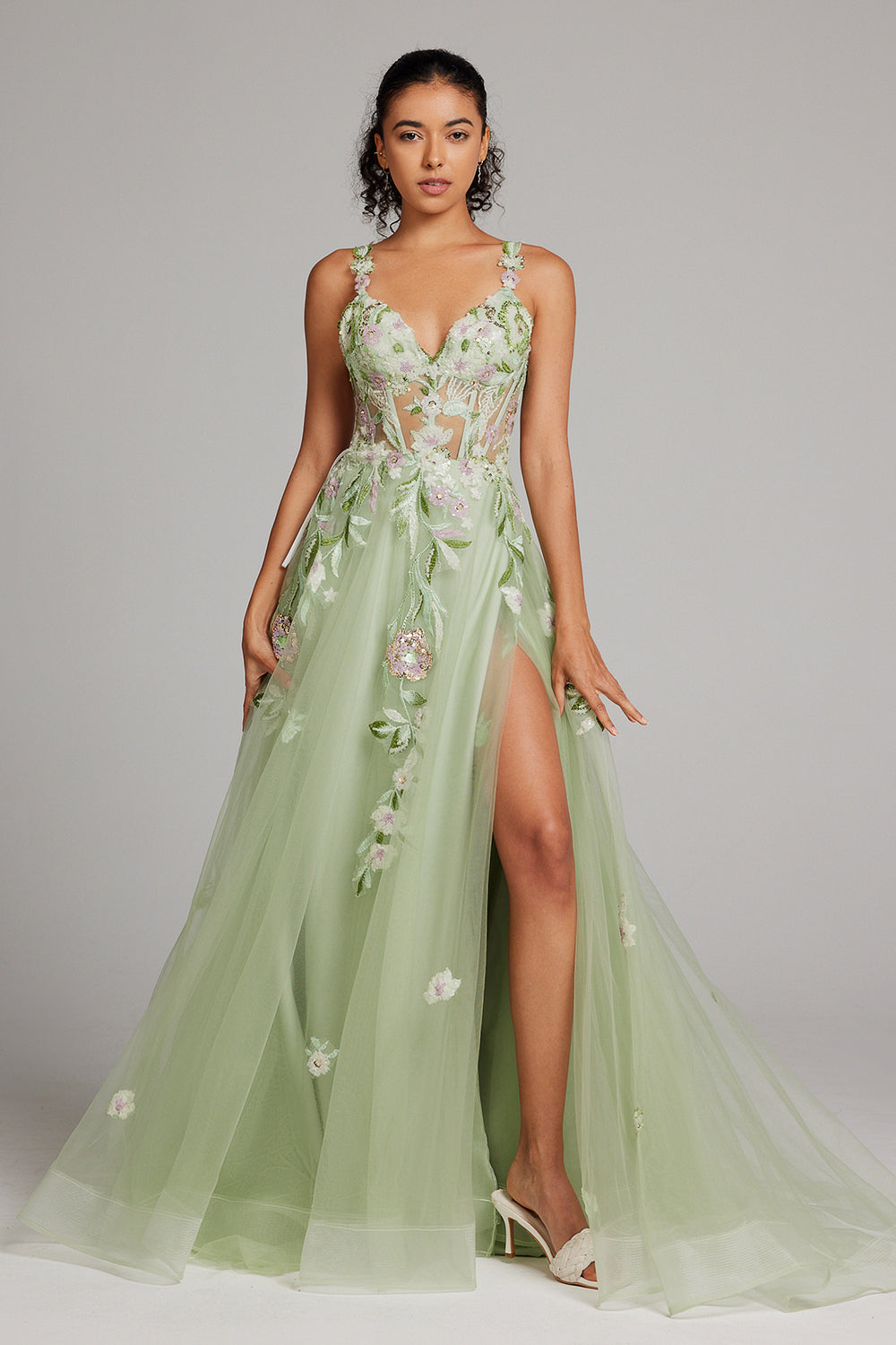 Sparkly Green A Line Seillettes Corsetto Abito da cerimonia lungo ricamato con fessura