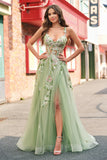Verde paillettes una linea di tulle applique corsetto lungo abito da cerimonia con fessura