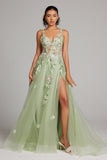 Sparkly Green A Line Seillettes Corsetto Abito da cerimonia lungo ricamato con fessura