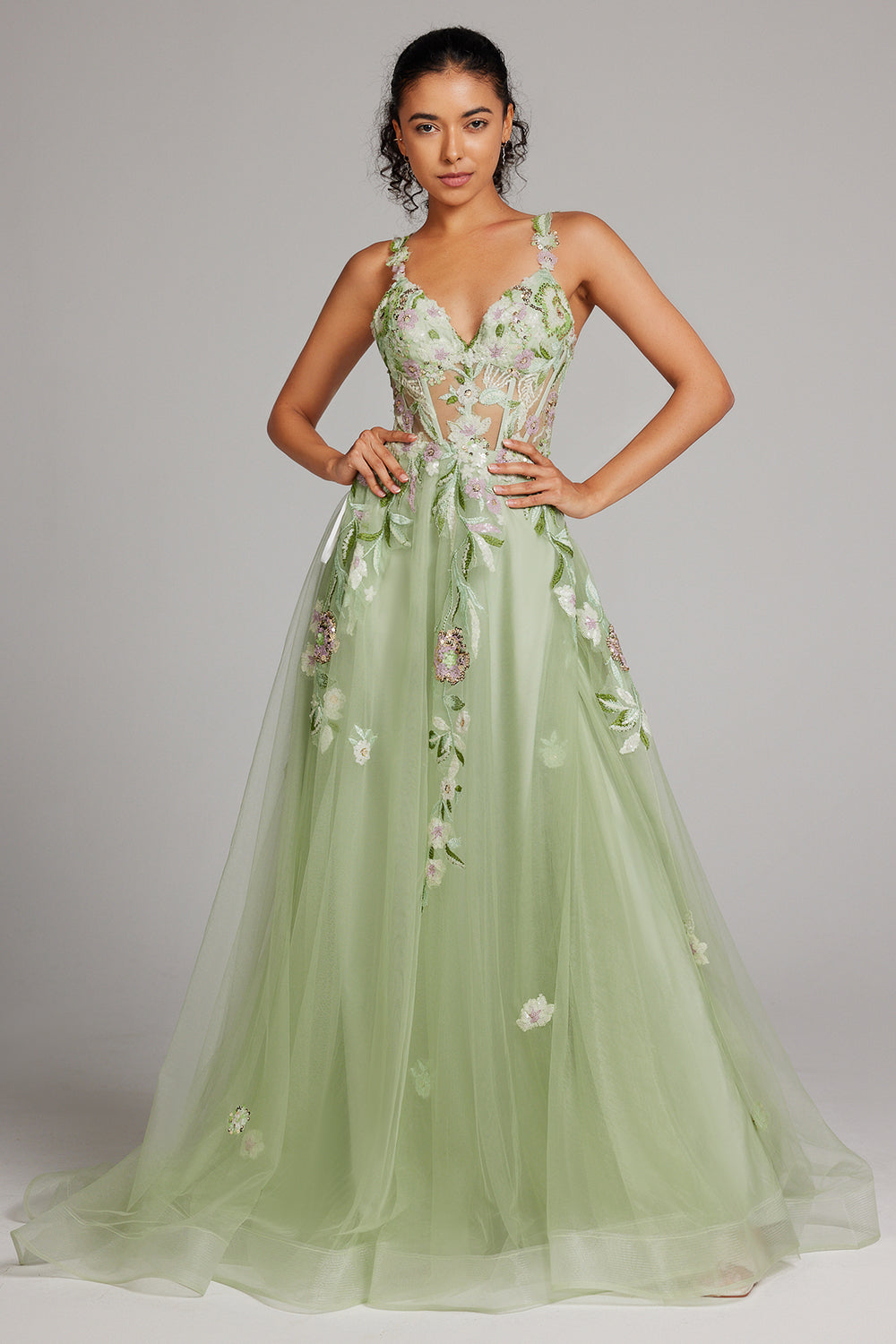 Sparkly Green A Line Seillettes Corsetto Abito da cerimonia lungo ricamato con fessura