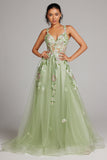 Sparkly Green A Line Seillettes Corsetto Abito da cerimonia lungo ricamato con fessura