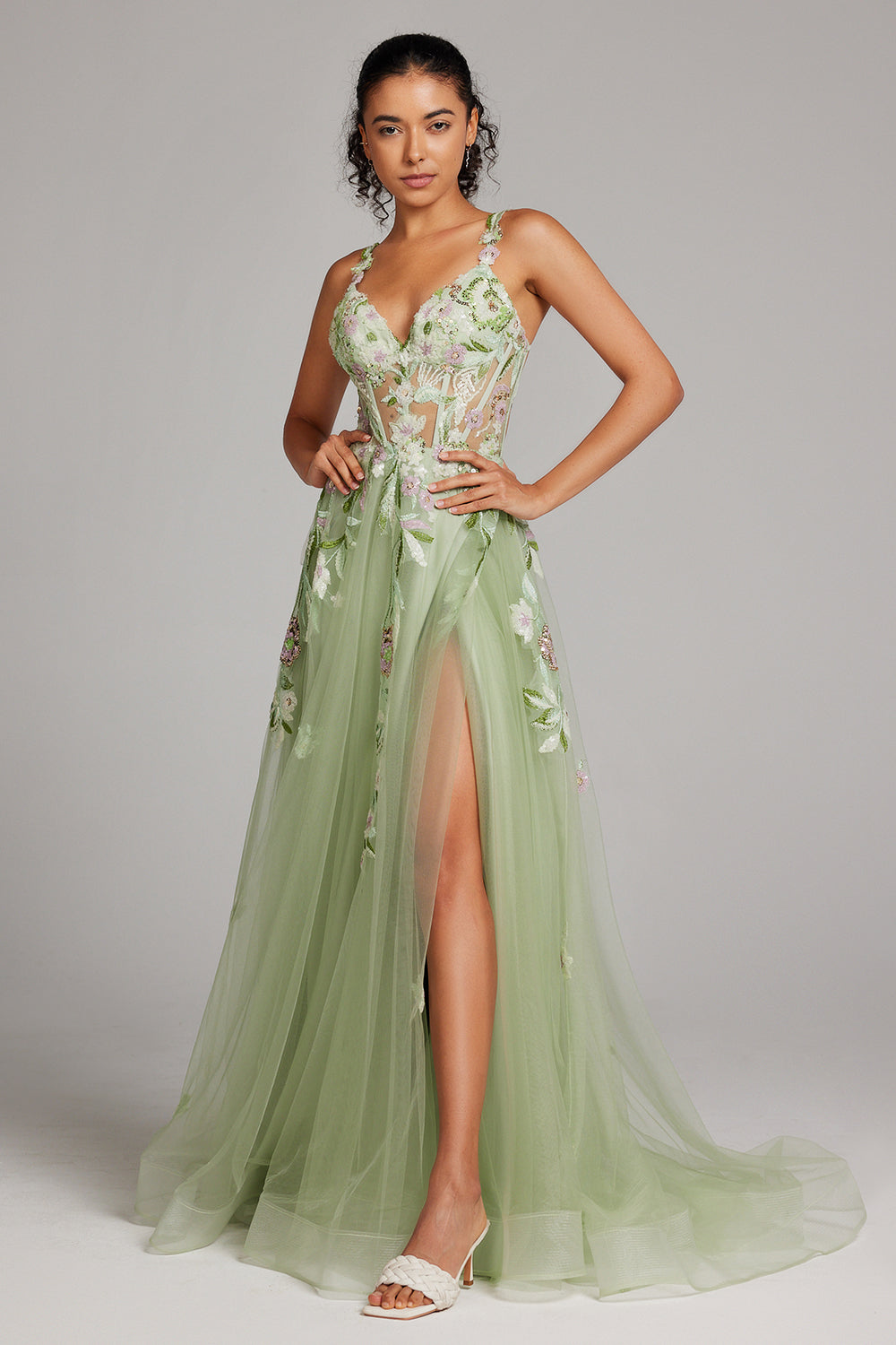 Sparkly Green A Line Seillettes Corsetto Abito da cerimonia lungo ricamato con fessura