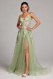 Sparkly Green A Line Seillettes Corsetto Abito da cerimonia lungo ricamato con fessura