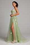 Sparkly Green A Line Seillettes Corsetto Abito da cerimonia lungo ricamato con fessura