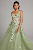 Sparkly Green A Line Seillettes Corsetto Abito da cerimonia lungo ricamato con fessura