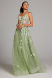 Sparkly Green A Line Seillettes Corsetto Abito da cerimonia lungo ricamato con fessura