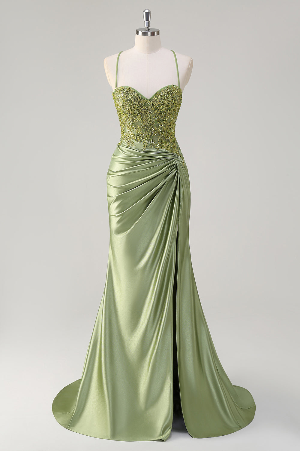 Sirena corsetto verde militare lace up posteriore lungo abito da cerimonia con fessura