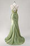Sirena corsetto verde militare lace up posteriore lungo abito da cerimonia con fessura