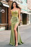 Sirena corsetto verde militare lace up posteriore lungo abito da cerimonia con fessura