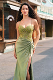 Sirena corsetto verde militare lace up posteriore lungo abito da cerimonia con fessura