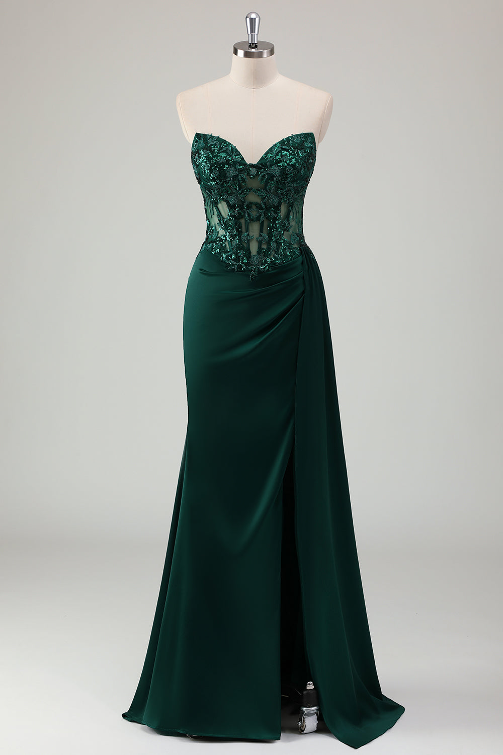 Scintillante verde scuro sirena corsetto a cuore lungo abito da ballo con fessura