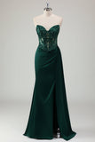 Scintillante verde scuro sirena corsetto a cuore lungo abito da ballo con fessura