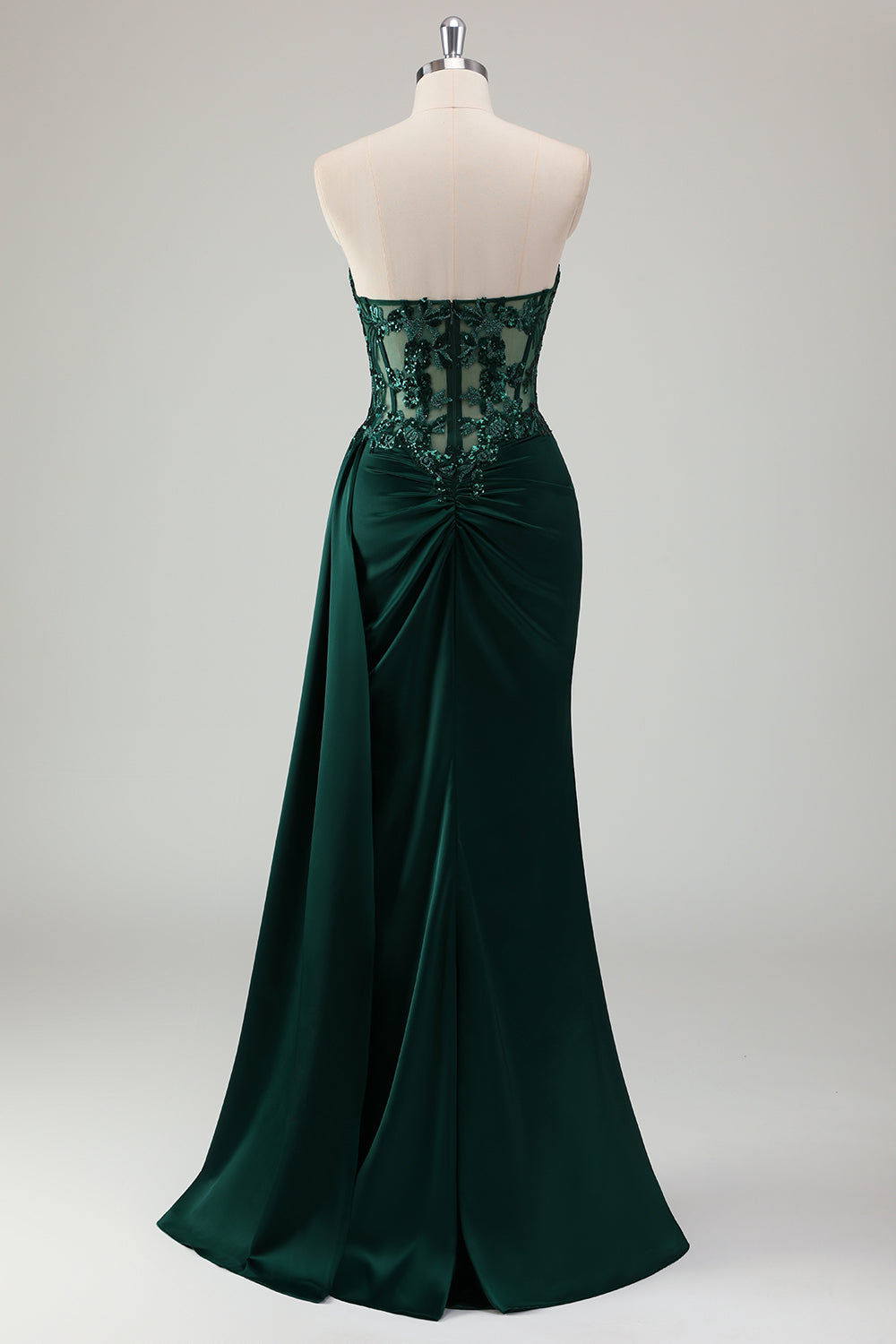 Scintillante verde scuro sirena corsetto a cuore lungo abito da ballo con fessura