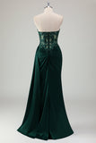 Scintillante verde scuro sirena corsetto a cuore lungo abito da ballo con fessura