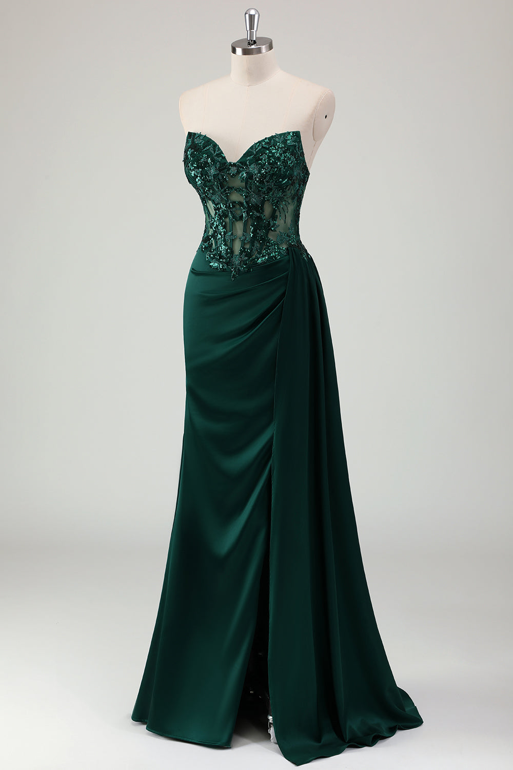 Scintillante verde scuro sirena corsetto a cuore lungo abito da ballo con fessura