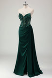 Scintillante verde scuro sirena corsetto a cuore lungo abito da ballo con fessura