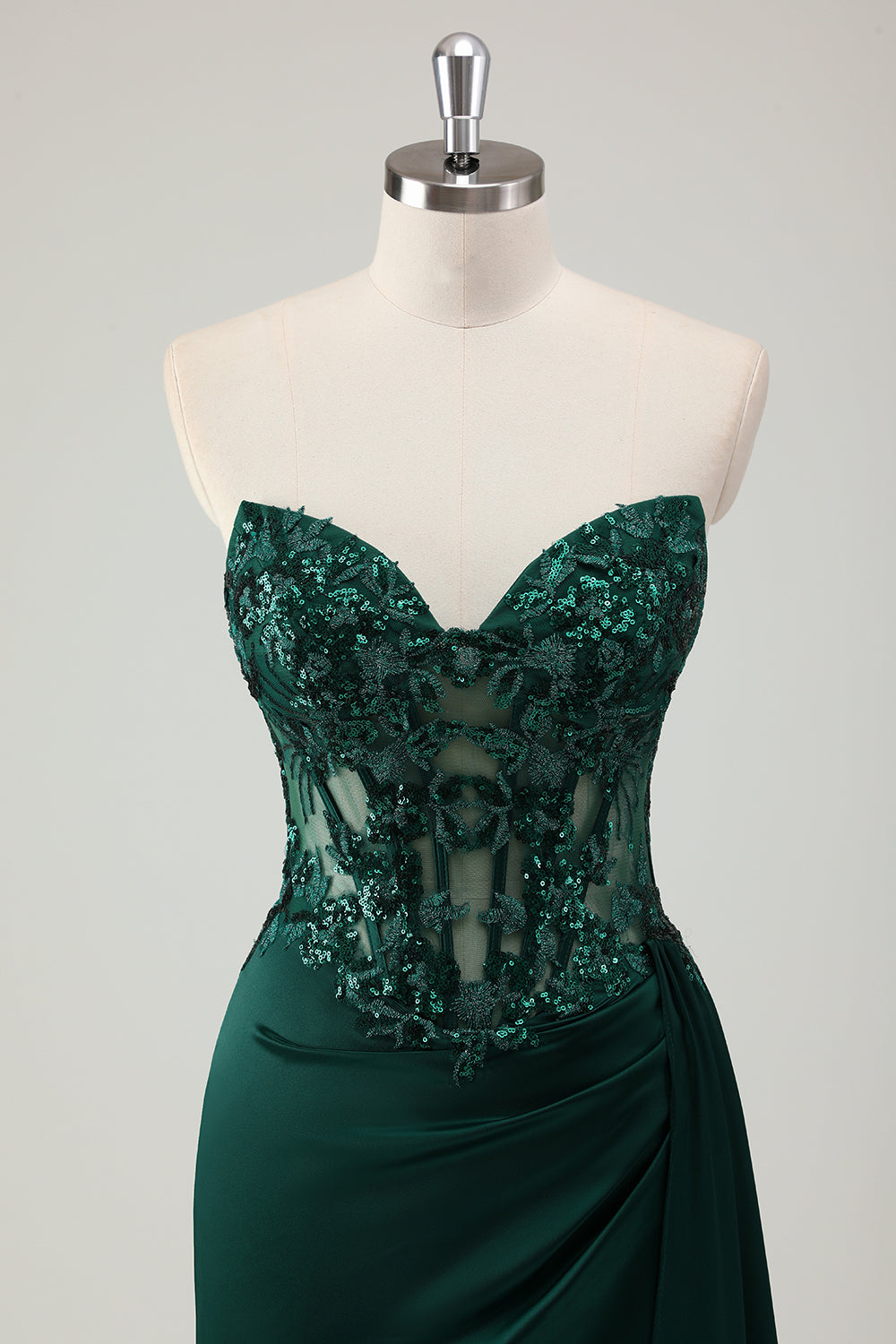 Scintillante verde scuro sirena corsetto a cuore lungo abito da ballo con fessura