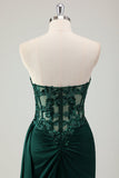 Scintillante verde scuro sirena corsetto a cuore lungo abito da ballo con fessura