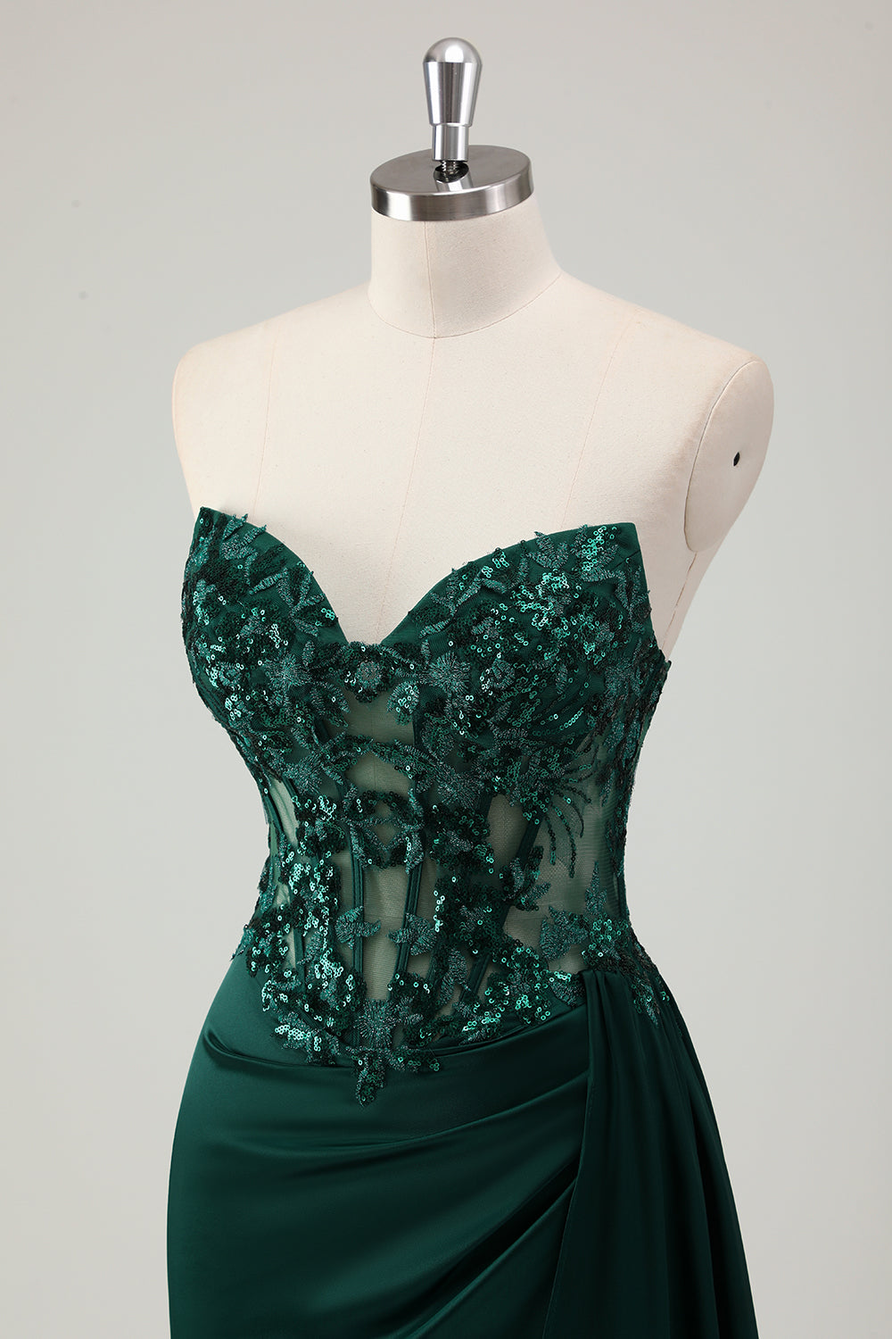 Scintillante verde scuro sirena corsetto a cuore lungo abito da ballo con fessura