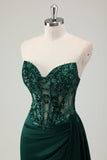 Scintillante verde scuro sirena corsetto a cuore lungo abito da ballo con fessura