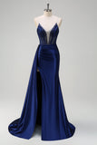 Navy Mermaid V-Neck Watteau treno corsetto perline Abito da cerimonia con fessura