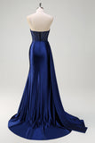 Navy Mermaid V-Neck Watteau treno corsetto perline Abito da cerimonia con fessura