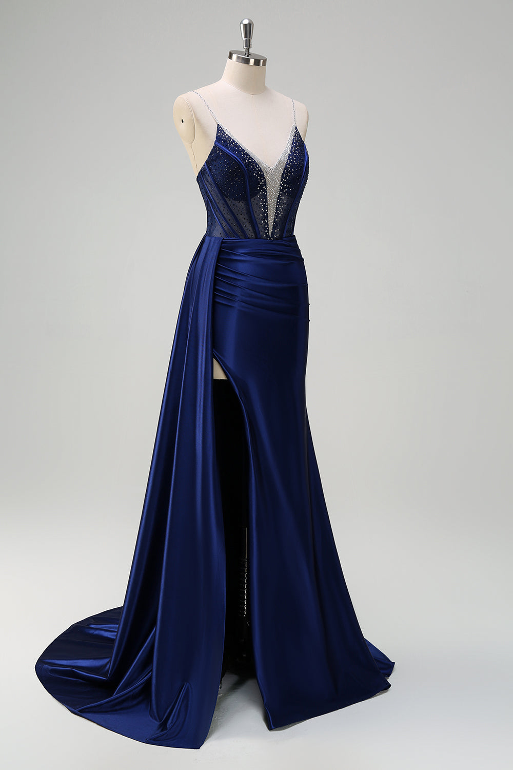 Navy Mermaid V-Neck Watteau treno corsetto perline Abito da cerimonia con fessura